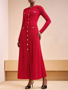 Zivah 2025秋冬季新年、情人节、派对、宴会、约会、生日派对、学院风、学生装、日常出行、百搭基础款、休闲、邮轮旅行、爆款、优雅、通勤、商务休闲、简约圆领无袖金属纽扣装饰鱼尾裙、修身半身裙、红色竖条纹针织面料、派对长裙、秋冬女装 - 紅色 - 查看 3