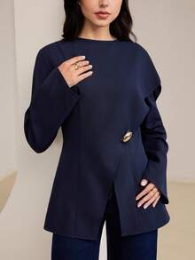 Veilorie 女士纯色圆领金属纽扣装饰长袖时尚开衩下摆衬衫 - 藏蓝色 - 查看 7