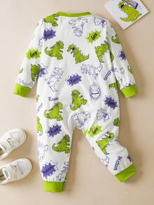 Nick 90s | SHEIN 男婴卡通绿色恐龙可爱图案长袖连体衣，Nick 90s X SHEIN - 白色 - 查看 2