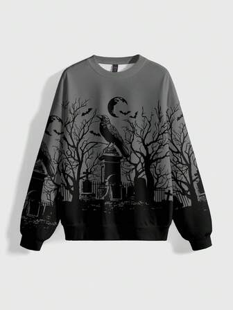 Gothic Dark Mysterious Raven Graveyard Moon Star Cross Bat All-Over Print Crew Neck Long Sleeve Sweatshirt For Women, Autumn/Winter/Spring