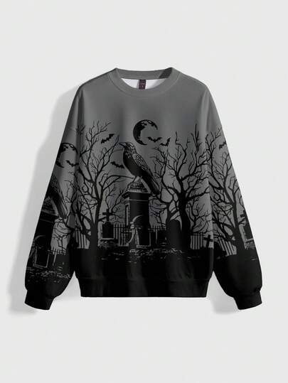 Gothic Dark Mysterious Raven Graveyard Moon Star Cross Bat All-Over Print Crew Neck Long Sleeve Sweatshirt For Women, Autumn/Winter/Spring
