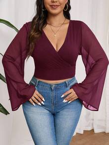 SHEIN Frenchy 大码女式优雅简约雪纺拼接喇叭袖上衣，秋季款 - 中紫紅色 - 查看 4