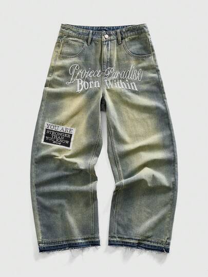 Jeans amples et décontractés avec poche brodée de lettres pour hommes
