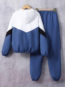 Vacaura 2 件套青少年男童休闲运动连帽夹克和抽绳下摆裤套装，春/秋/冬 - 淺藍色 - 查看 2