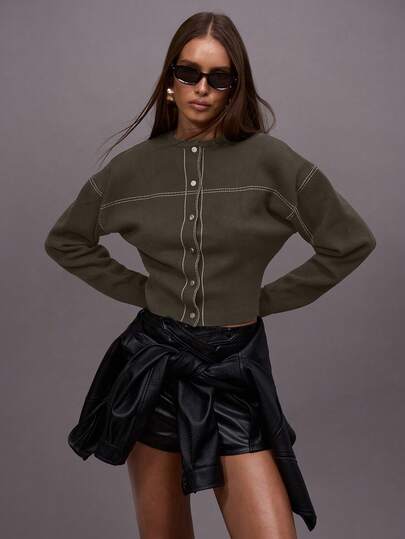 MUSERA Crewneck Popper Front Fitted Waist Contrast Stitch Knit Sweater Winter Night Out Going Out Streetwear Cute Back To School Sexy Uncut Evening Party Elegant Winter Spring Summer Vacation