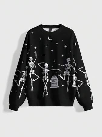 Gothic Horror Skeleton Dancing Graveyard Moon & Star Full Print Crew Neck Sweatshirt For Women, Autumn/Winter/Spring