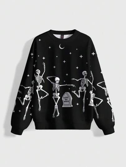 Gothic Horror Skeleton Dancing Graveyard Moon & Star Full Print Crew Neck Sweatshirt For Women, Autumn/Winter/Spring