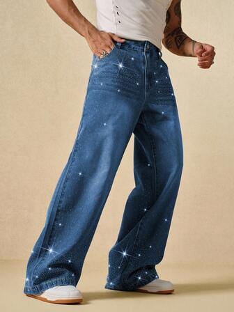 Street Life Jeans casuales cómodos de corte recto con bolsillos con strass