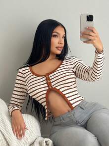 SHEIN SXY Casual Striped Long Sleeve Women Tops,Autumn,Off-White,Seksi Chic,Night Out, Crop Sweater Top,Winter,Thanksgiving For Women,Fall,Stripe - Multicolor - View 1