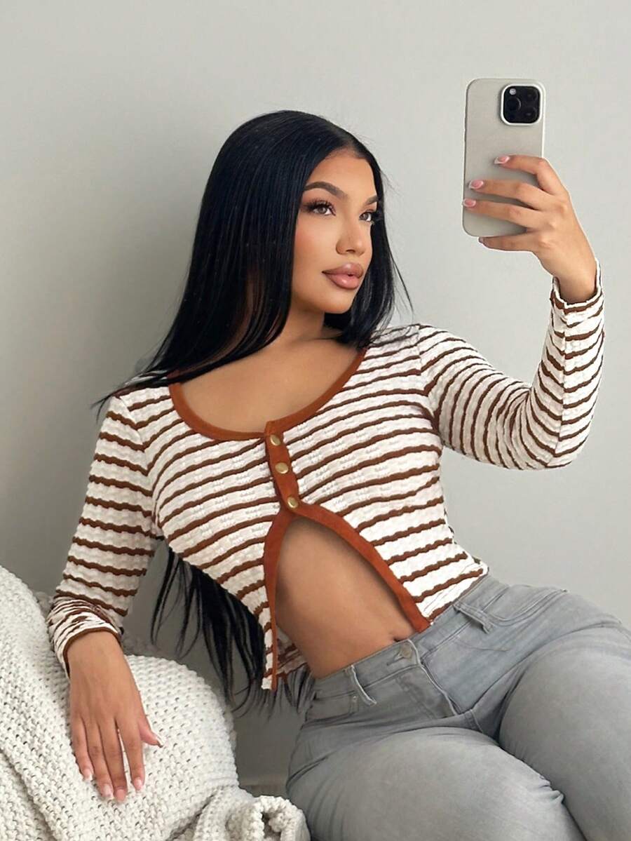 SHEIN SXY Casual Striped Long Sleeve Women Tops,Autumn,Off-White,Seksi Chic,Night Out, Crop Sweater Top,Winter,Thanksgiving For Women,Fall,Stripe - Multicolor - View 1