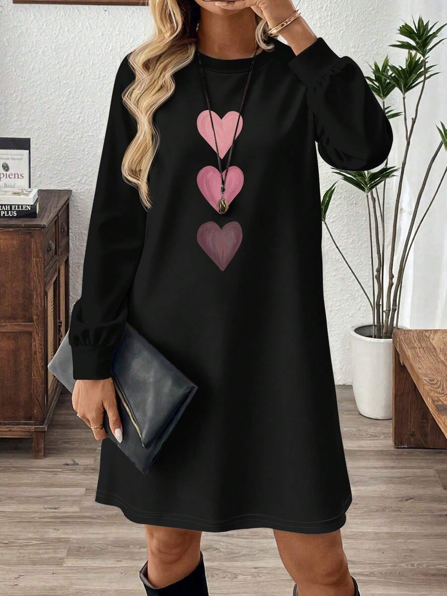 EMERY ROSE 女士爱心印花圆领长袖休闲宽松迷你连衣裙 - 黑色 - 查看 1
