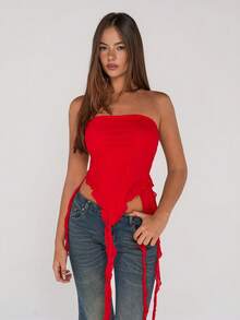 SHEIN ICON Y2K Women's Asymmetric Hem Ruched Ruffled Hem Strapless Mesh Top Strapless Top Red Casual Top Red Tube Top - Red - View 4