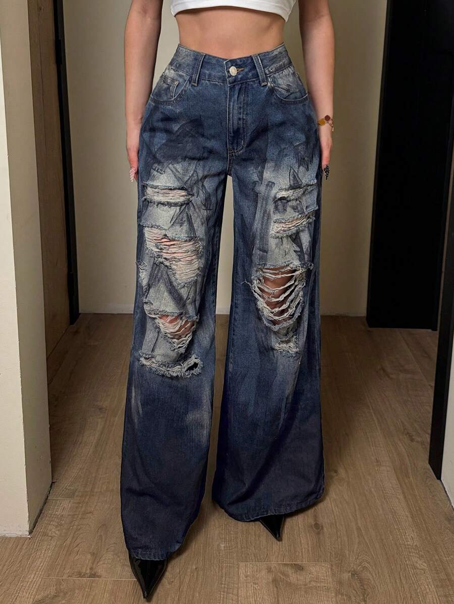 Jeanoix Women's High Waist Pocketed Distressed Wide Leg Loose Casual Jeans - Blue - View 1