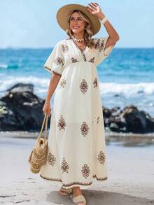 Sylviya Women's White And Brown Boho Summer Vacation Maxi Dress,Floral Print Cross V-Neck Sleeveless Flowy Sun Dresses,Holiday Beach Outfits,Country Concert - Multicolor - View 3