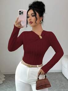 SHEIN Elenzya Váy nữ vải jacquard màu vàng nhạt họa tiết bất đối xứng cổ chữ V thắt eo thiết kế gợi cảm thanh lịch chất lượng cao, thích hợp cho ngày tựu trường, tiệc tùng, tiệc độc thân - Màu Đỏ Sâu - Xem 6
