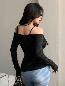 DAZY 女士露肩系带修身长袖休闲T恤 Y2k - 黑色 - 查看 4