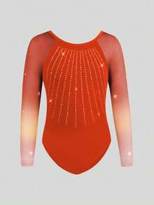 SHEIN 少女运动服渐变网纱长袖体操服，镶钻体操连体衣，四向弹力高弹健身户外运动舞蹈瑜伽体操连体服 - 紅色 - 查看 5