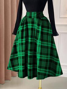 DreamSkyne 大码女士优雅格子喇叭裙，圣诞节 - 墨綠色 - 查看 3