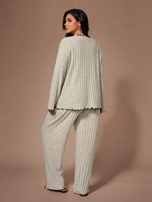 Lazeform Plus Size Women's Light Gray Lapel Ruffled Ribbed Knit Long Sleeve Top And Pants 2-Pieces Pajama Set,Light Green,Autumn,Nighty Winter Clothes - Light Grey - View 3