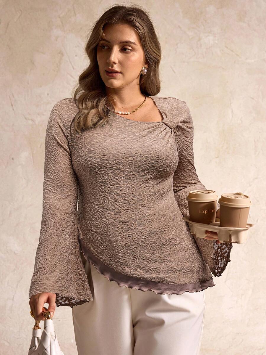 Elegantrix Áo len cổ bẻ viền xoắn bất đối xứng cỡ lớn cho nữ - Màu Khaki - Xem 1