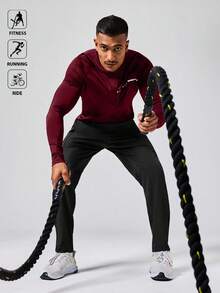 Manfinity Sport Polished 男士字母印花半拉链立领长袖运动卫衣压缩衫 - 酒紅色 - 查看 4