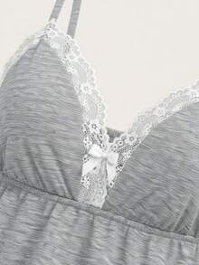 SHEIN PETITE 2pcs Knit Padded Camisole Top And Lace Trim Shorts Set, Summer - Grey - View 3