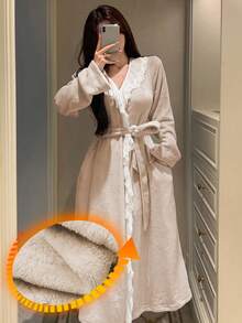 DAZY 女士毛绒蕾丝荷叶边拼接长袖蓬松长袍，冬季 - 米色 - 查看 3