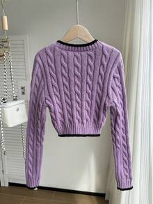 SHEIN 少女蝴蝶结刺绣V领长袖休闲毛衣，秋冬季 - 紫色 - 查看 2