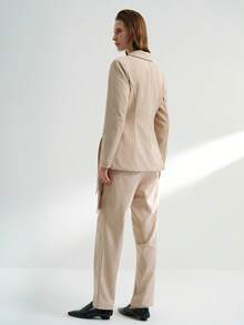 INAWLY 褶裥系腰西装外套和直筒裤套装 - 卡其色 - 查看 2