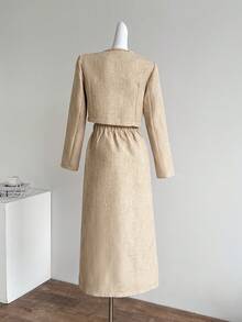 SHEIN Ladiora 两件套格子设计优雅女士外套和裙子套装，适合婚礼、约会和外出等场合。 - 淡黃色 - 查看 2