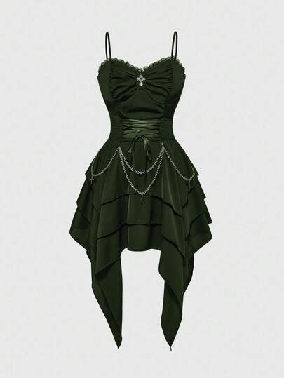 Vintage Gothic Metal Chain Detachable Waist Tie Asymmetrical Layered Hem Women Dress