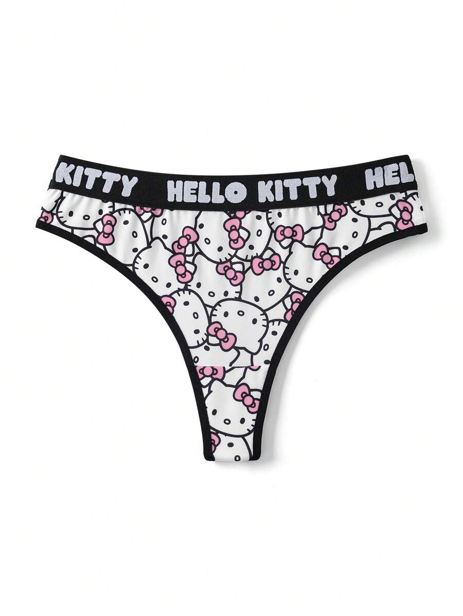 HELLO KITTY AND FRIENDS | SHEIN 女士舒适透气可爱猫咪印花字母腰带丁字裤 - 粉色 - 查看 1