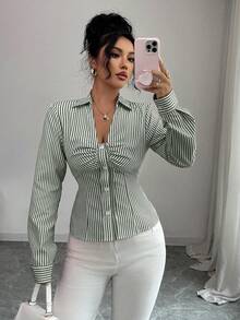 Elenzga Women's Stylish Blue Striped Shirt, Back To School Season, Autumn - Green - View 3
