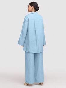 Veilorie 2 件套女式纯色前扣长袖休闲上衣和长裤套装 - 藍色 - 查看 6