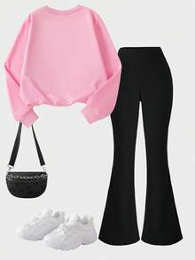 Sparklyn 2pcs/Set Girls Casual K-Pop Cartoon Character Print, Young Girls Loose Fit Crew Neck Long Sleeve Sweatshirt And Flare Pants 2-Piece Set, Ideal For K-Pop Fans And Daily Wear Flare Pants Girls 2-Piece Set, Girls Long Sleeve Outfit 2-Piece Set - Multicolor - View 3