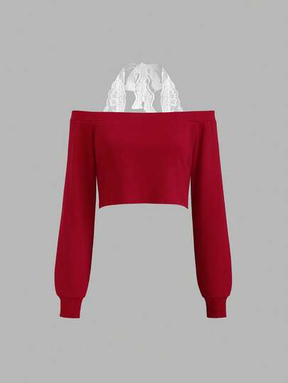 Sweetra 女士纯色蕾丝吊带系带撞色长袖露肩卫衣，秋冬款