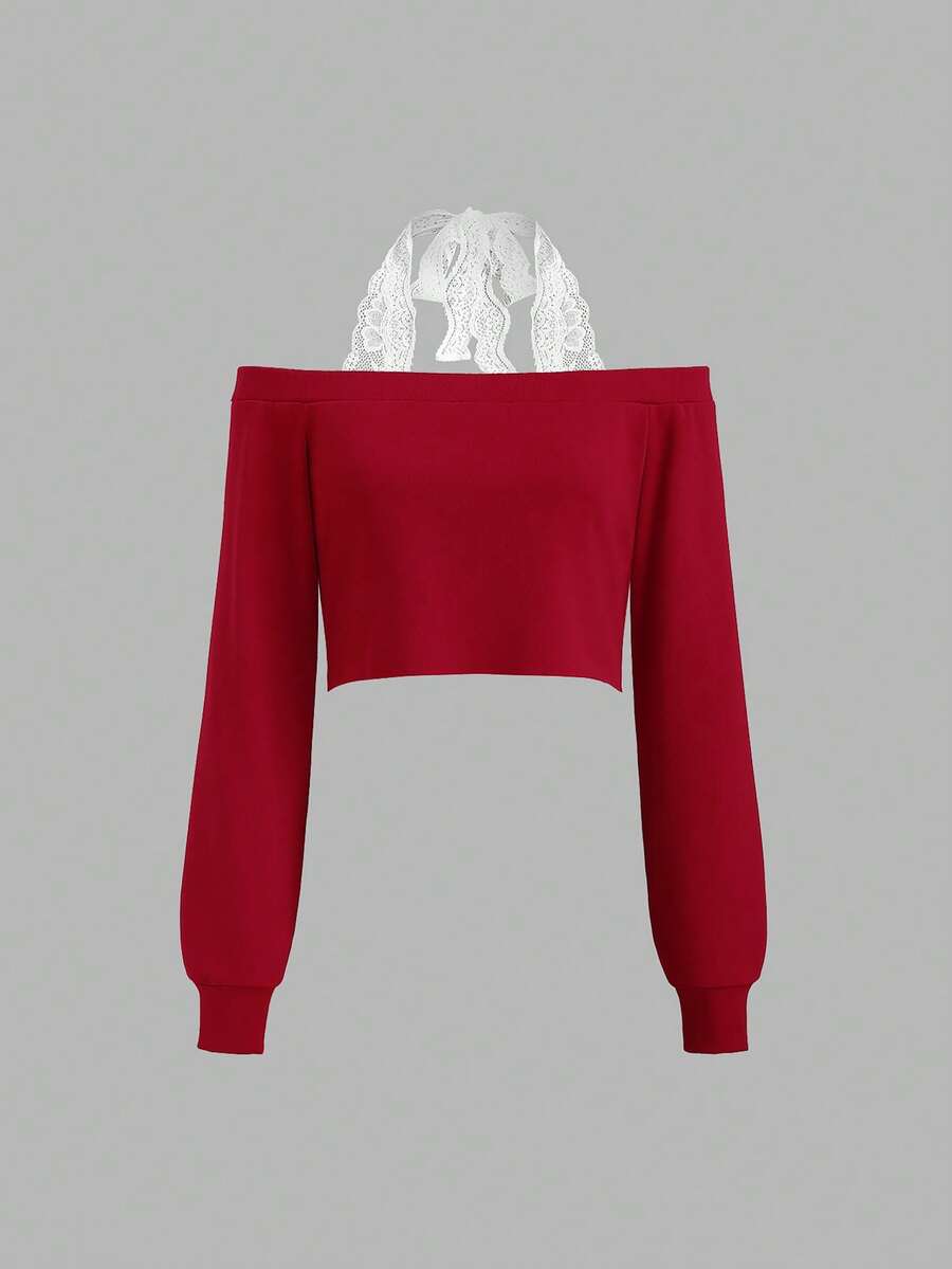 Sweetra Sweat-shirt femme à épaules dénudées, manches longues, couleur unie, avec dentelle, nœud et contraste de couleurs. Automne/Hiver