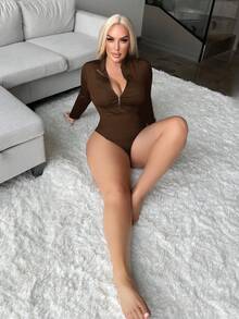 SHEIN SXY 大码女式舒适休闲长袖拉链连体衣，秋冬季 - 棕色 - 查看 5