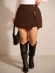 Elaquor Rok Pendek Wanita Ukuran Besar dengan Dekorasi Bunga Logam, Pinggang Elastis, dan Belahan Samping di Bagian Bawah - Coffee Brown - View 4