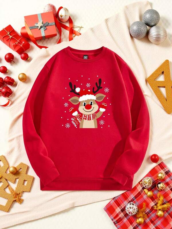 Manfinity RelaxMax Sudadera de cuello redondo vintage roja con estampado de ciervos y copos de nieve de Navidad, de estilo casual y lindo