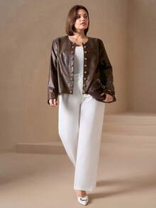 SHEIN Clasi 大码时尚双排扣外套，适合通勤、秋冬季节、圣诞节和新年穿着。 - 棕色 - 查看 7