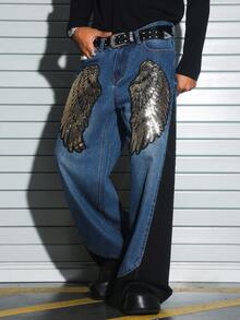 PAVTROS Quần jeans nam phong cách đường phố đính sequin hình cánh dơi, quần jeans nam đính đá, trang phục nam phong cách ghetto với quần jeans, quần jeans rộng thùng thình phong cách Y2K. - Nhiều màu - Xem 5