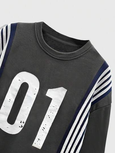 Men's Casual Numeric & Striped Print Round Neck Long Sleeve T-Shirt