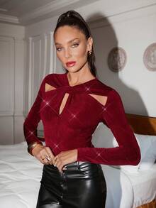 Lavishia Women's Burgundy Twist Neck Long Sleeve Bodysuit,Elegant Red Top For Autumn,70's Club Night,Party Disco,Gatherings,New Year Christmas Party Clothes - Burgundy - View 5