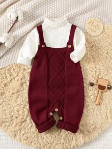 SHEIN 新生儿男/女婴幼儿秋冬服装套装：绿色针织连体衣、背带裤、毛衣，舒适、百搭、时尚、可爱、复古、经典、简约设计，适合室内、室外、滑雪、日常穿着、运动、玩耍、派对、拍照、度假等场合。