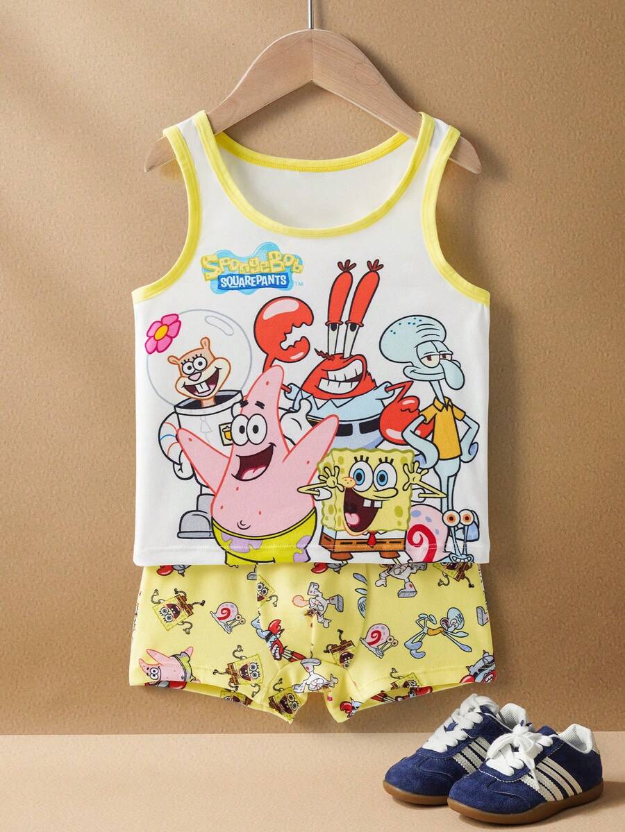 SpongeBob SquarePants | SHEIN Young Boy Cute Cartoon Pattern Contrast Trim Tank Top And Boxer Briefs Under Set, Summer