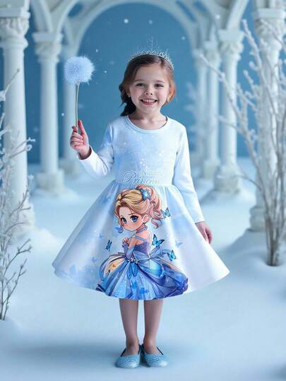Girls Long Sleeve Dress, Blue Princess Butterfly Pattern, Fashionable & Versatile, Cute For Everyday Wear