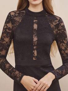 lacRébo Black Fitted Longsleeve Lace Maxi Dress With Open Back Detail Elegant Chic Sexy Dress Valentines Day Party Winter - Black - View 6