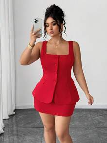 Elenzga 情人节加大码弹力纹理面料圆领无袖口袋装饰背心+纹理面料裹身裙休闲套装，2件套 - 紅色 - 查看 4