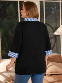 EMERY ROSE Plus Size Solid & Striped Patchwork Long Sleeve Shirt/Winter - Blue - View 6